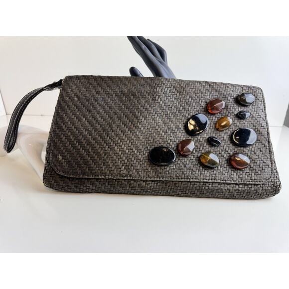 Vintage New York & Company STRAW CLUTCH Dark Brown w/Stone Embellishments, 47-14 - Picture 10 of 12